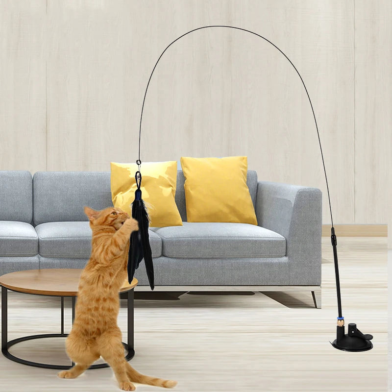 Cat Toy Cat Teaser Stick With Bell Extended Rod Suction Cup Self High And Durable Bite Teaser Tool Replaceable Feather Head