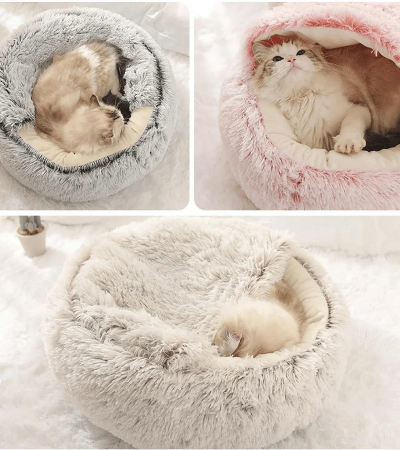 Plush Hooded Pet Bed Round Fluffy Soft Cat Bed Pet Cushion Warm Cat Dog 2 in 1 Sleeping Nest Cave for Small Dogs