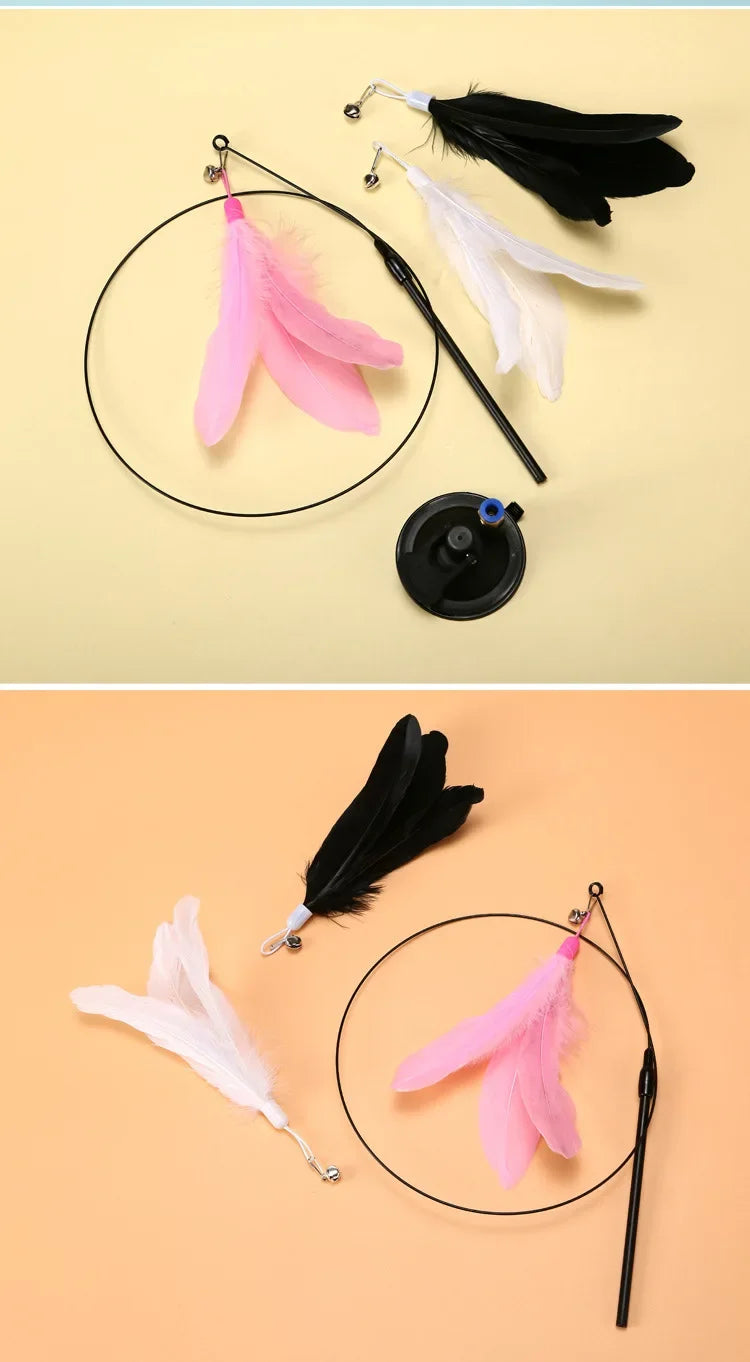 Cat Toy Cat Teaser Stick With Bell Extended Rod Suction Cup Self High And Durable Bite Teaser Tool Replaceable Feather Head