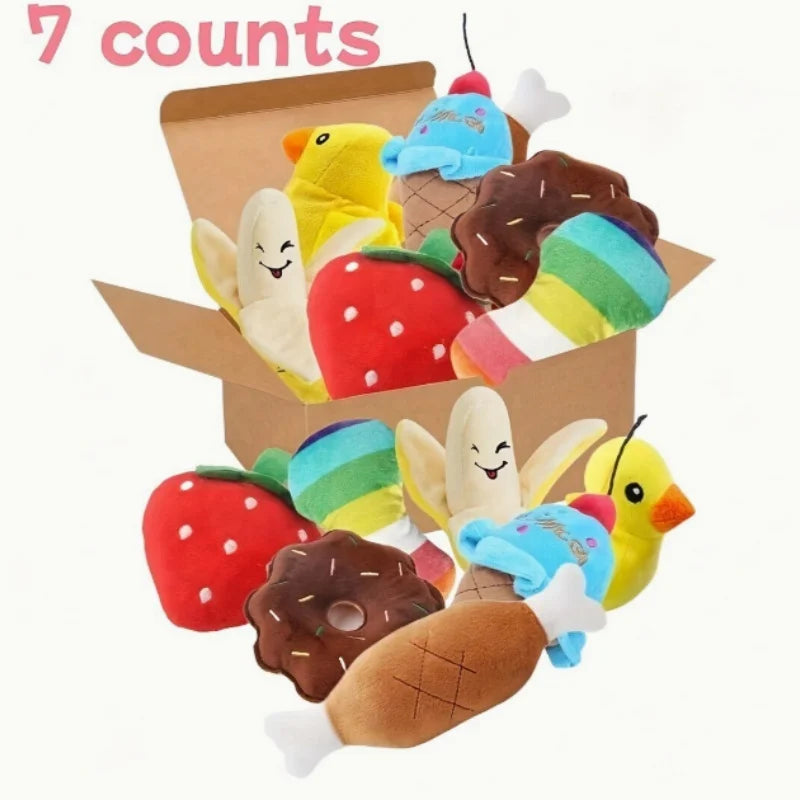 A 7-piece set of puppy sound toys, loose plush pet chewing, plush fruit snacks and vegetable puppy toys, suitable for cute playm