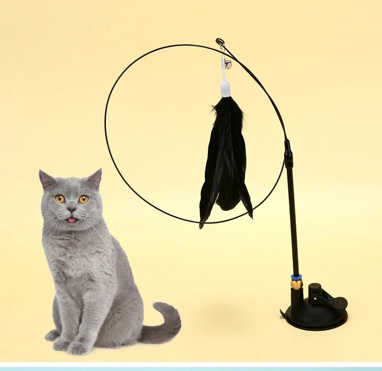 Cat Toy Cat Teaser Stick With Bell Extended Rod Suction Cup Self High And Durable Bite Teaser Tool Replaceable Feather Head