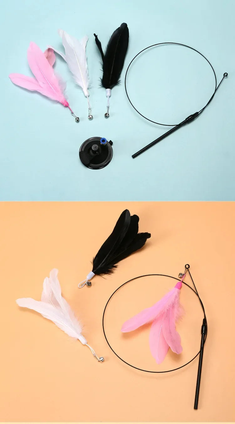 Cat Toy Cat Teaser Stick With Bell Extended Rod Suction Cup Self High And Durable Bite Teaser Tool Replaceable Feather Head