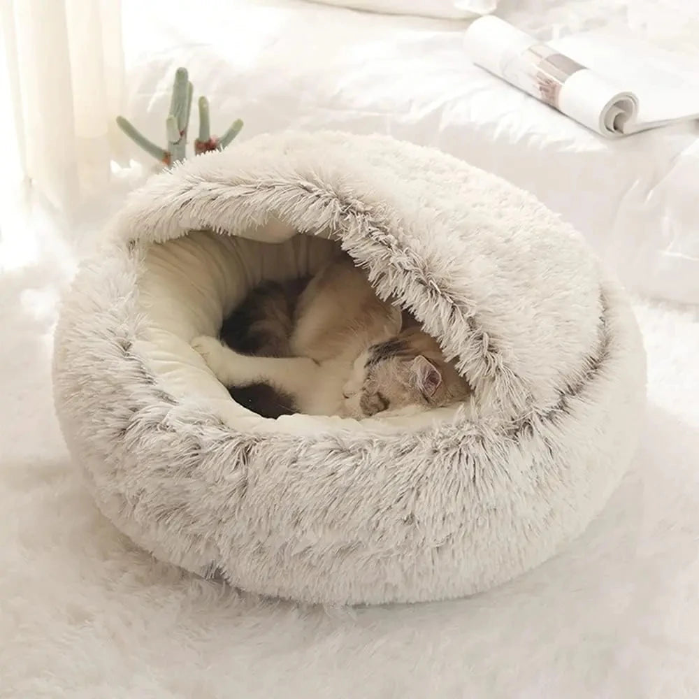 Plush Hooded Pet Bed Round Fluffy Soft Cat Bed Pet Cushion Warm Cat Dog 2 in 1 Sleeping Nest Cave for Small Dogs